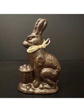 Vintage Chocolate-Look Ceramic Bunny Figurine With Bow & Easter Basket 7" Tall